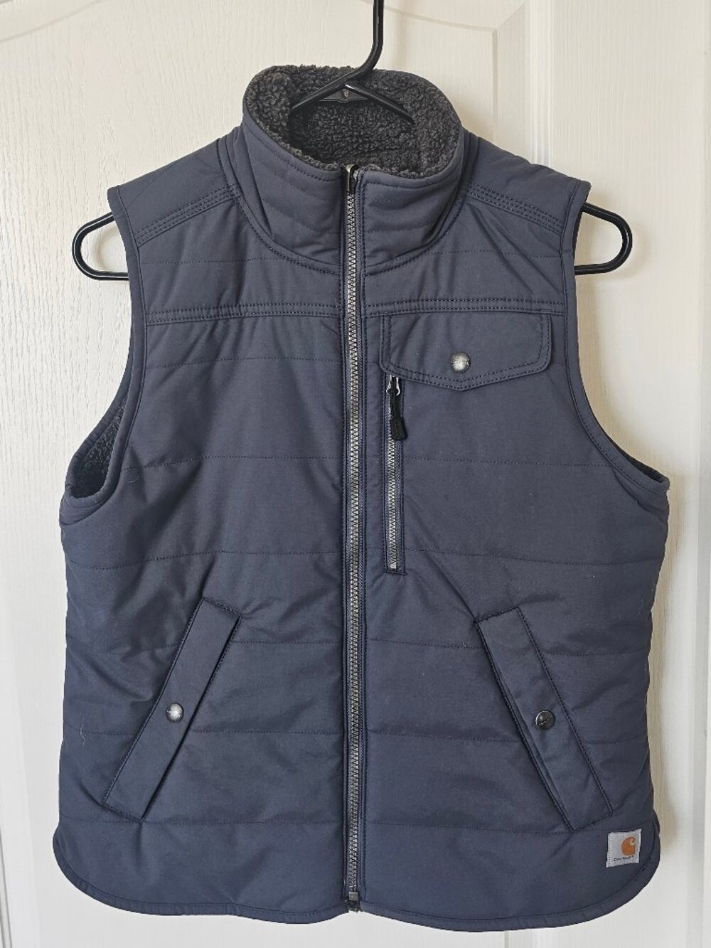 Women's Carhartt Sherpa Grey-lined Navy Canvas Gilet Full Zip - size L | Small b